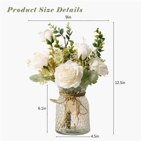 White Silk Roses in Vase Artificial Flowers Table Centerpiece Home Decor - Picture 2 of 7
